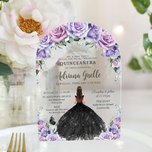 Paarse Lila Bloemen Zwarte Jurk Zilver Quinceanera Acryl Uitnodigingen