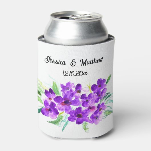 Paarse Lila bloemenbruiloften Waterverf Blikjeskoeler (Blikje Voorkant)