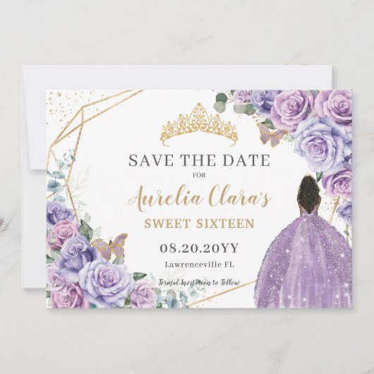 Paarse Lila Bloemengoud Quinceanera Sweet Sixteen Save The Date (Voorkant)
