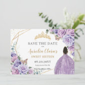 Paarse Lila Bloemengoud Quinceanera Sweet Sixteen Save The Date (Staand voorkant)