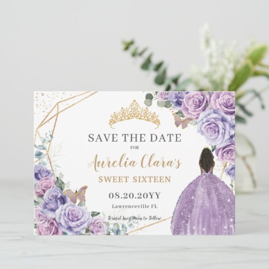 Paarse Lila Bloemengoud Quinceanera Sweet Sixteen Save The Date (Staand voorkant)