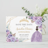 Paarse Lila Bloemengoud Quinceanera Sweet Sixteen Save The Date (Staand voorkant)