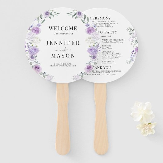 Paarse Lila Bloemenkrans Trouwprogramma Handwaaier (Voorkant en achterkant)