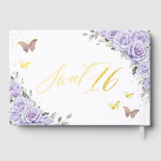 Paarse Lila Bloemenvlinders Goudzoet 16 Folie Gastenboek (Achterkant)