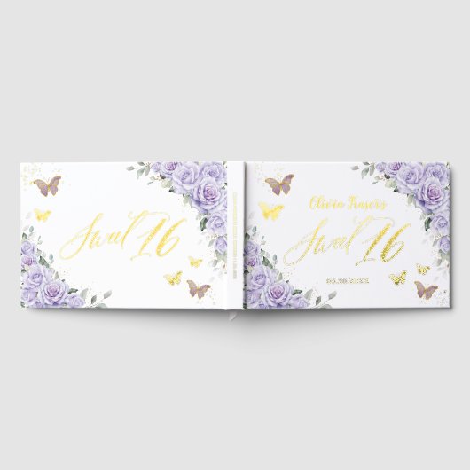 Paarse Lila Bloemenvlinders Goudzoet 16 Folie Gastenboek (Volledig)