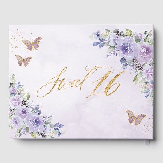 Paarse Lila bloemenvlinders goudzoet zestien Gastenboek (Achterkant)