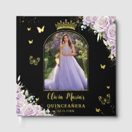 Paarse Lila Bloemenvlinders Quinceañera Foto Gastenboek