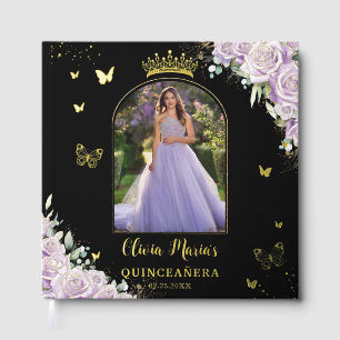 Paarse Lila Bloemenvlinders Quinceañera Foto Gastenboek