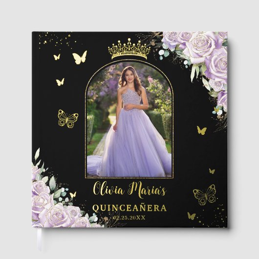 Paarse Lila Bloemenvlinders Quinceañera Foto Gastenboek (Voorkant)