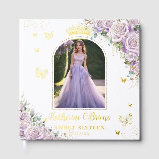 Paarse Lila Bloemenvlinders Sweet 16 15 Foto Gastenboek (Voorkant)