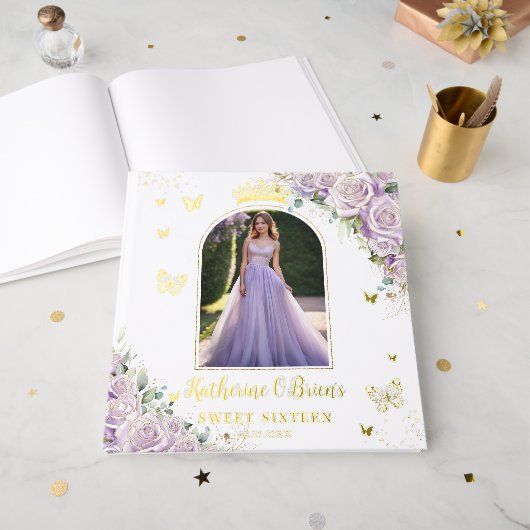 Paarse Lila Bloemenvlinders Sweet 16 15 Foto Gastenboek (Voorkant open)