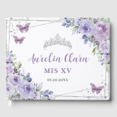 Paarse Lila Bloemenvlinders Zilver QUINCEAÑERA Gastenboek (Voorkant)
