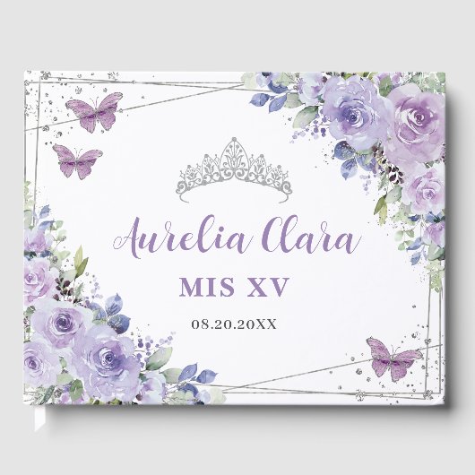 Paarse Lila Bloemenvlinders Zilver QUINCEAÑERA Gastenboek (Voorkant)