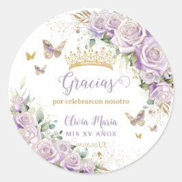 Paarse Lila bloemvlinders Quinceañera 15 16 Ronde Sticker