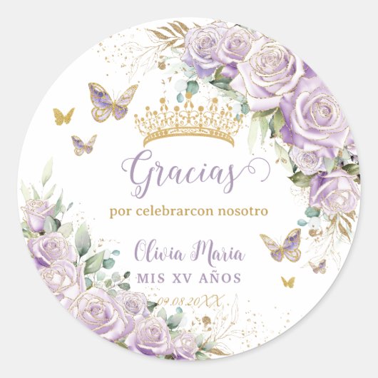 Paarse Lila bloemvlinders Quinceañera 15 16 Ronde Sticker (Voorkant)