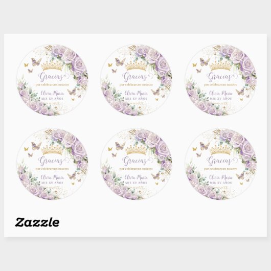 Paarse Lila bloemvlinders Quinceañera 15 16 Ronde Sticker (Vel)