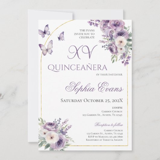 Paarse Lila bloemvlinders Quinceañera Kaart (Voorkant)