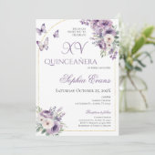 Paarse Lila bloemvlinders Quinceañera Kaart (Staand voorkant)