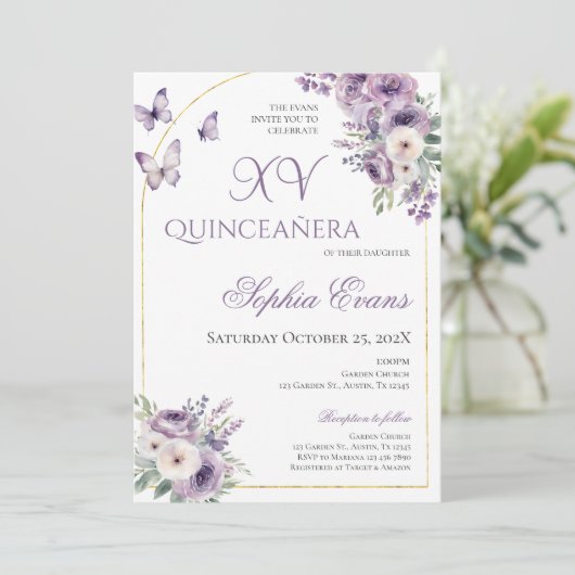 Paarse Lila bloemvlinders Quinceañera Kaart (Staand voorkant)