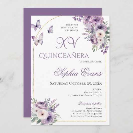 Paarse Lila bloemvlinders Quinceañera Kaart (Voorkant / Achterkant)