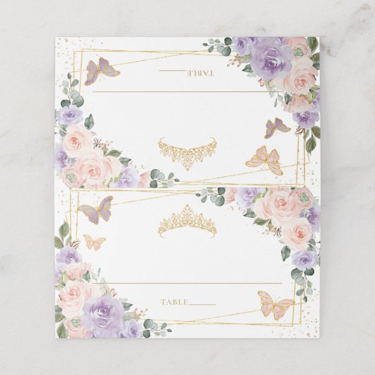 Paarse Lila Blush Bloemen Quinceañera XV Verjaarda Plaatskaartje (Buitenkant ongevouwen)