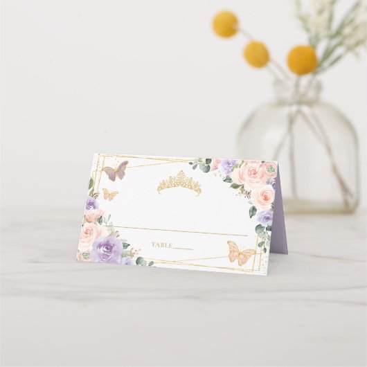 Paarse Lila Blush Bloemen Quinceañera XV Verjaarda Plaatskaartje (Voorkant)