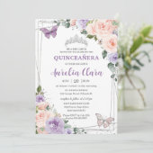 Paarse Lila Blush Bloemen Zilver Quinceañera XV 16 Kaart (Staand voorkant)