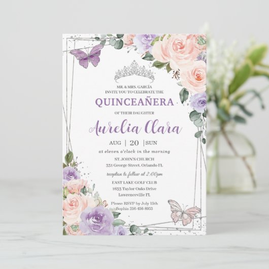 Paarse Lila Blush Bloemen Zilver Quinceañera XV 16 Kaart (Staand voorkant)