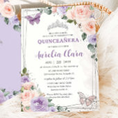 Paarse Lila Blush Bloemen Zilver Quinceañera XV 16 Kaart
