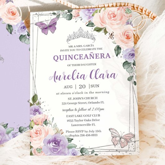 Paarse Lila Blush Bloemen Zilver Quinceañera XV 16 Kaart