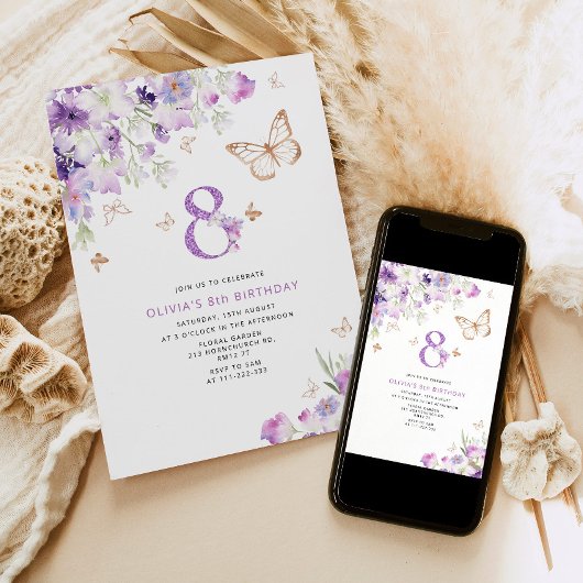 Paarse Lila Butterflies 8ste verjaardag Kaart