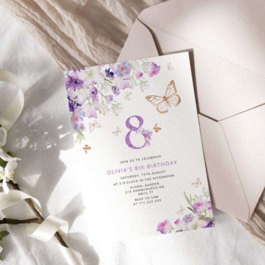 Paarse Lila Butterflies 8ste verjaardag Kaart