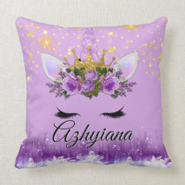 Paarse|Lila en goudglitter |Floral Crown Unicorn Kussen