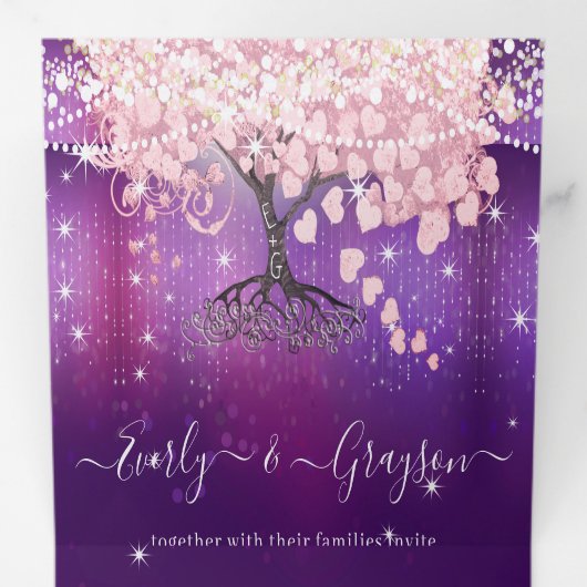 Paarse Lila en roze leder met een hete boom Drieluik Uitnodiging (Binnenzijde eerst)