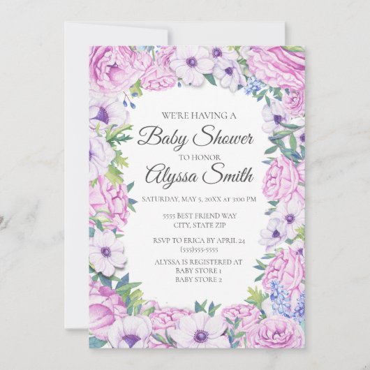 Paarse Lila Floral Baby shower Uitnodiging (Voorkant)
