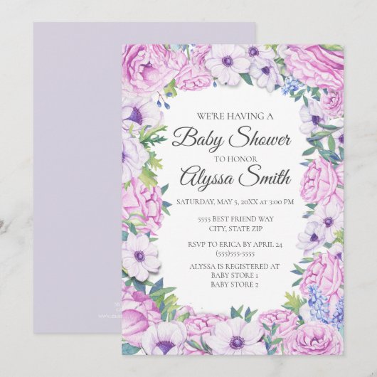 Paarse Lila Floral Baby shower Uitnodiging (Voorkant / Achterkant)