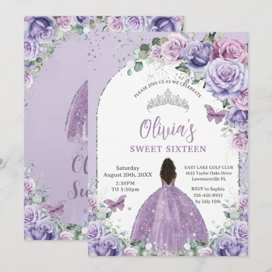 Paarse Lila Floral Brown Girl Sweet 16 Birthday Kaart (Voorkant / Achterkant)