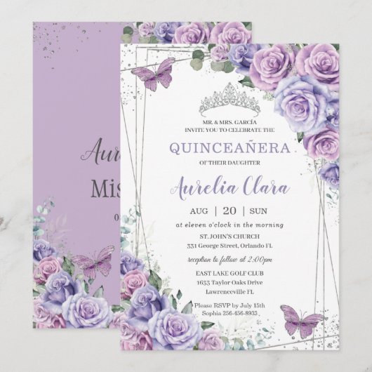 Paarse Lila Floral Butterflies Silver Quinceanera Kaart (Voorkant / Achterkant)