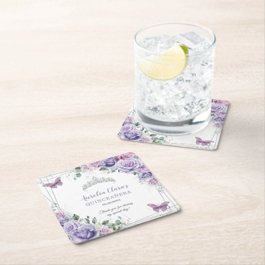 Paarse Lila Floral Butterflies Silver Quinceanera Kartonnen Onderzetters (Insitu)