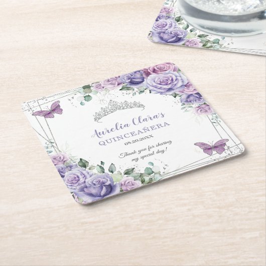 Paarse Lila Floral Butterflies Silver Quinceanera Kartonnen Onderzetters (Schuin)