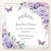 Paarse Lila Floral Butterflies Silver Quinceanera Kartonnen Onderzetters (Voorkant)