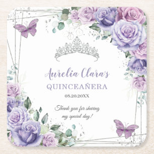 Paarse Lila Floral Butterflies Silver Quinceanera Kartonnen Onderzetters