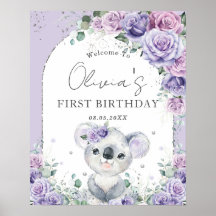 Paarse Lila Floral Cute Koala Arch 1e verjaardag