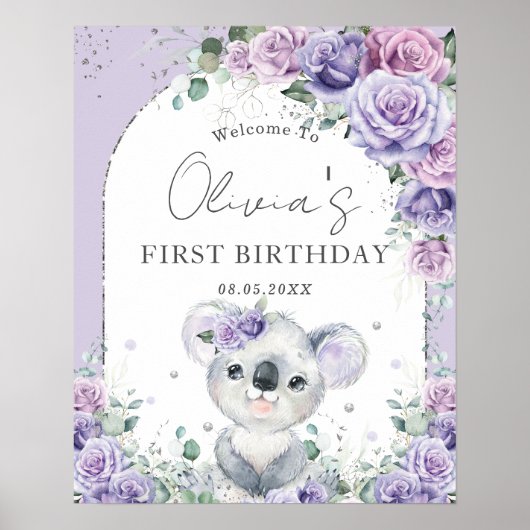 Paarse Lila Floral Cute Koala Arch 1e verjaardag Poster (Voorkant)
