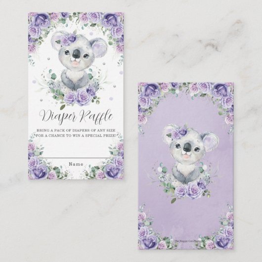 Paarse Lila Floral Cute Koala Baby Diaper Raffle Informatiekaartje (Voorkant / Achterkant)
