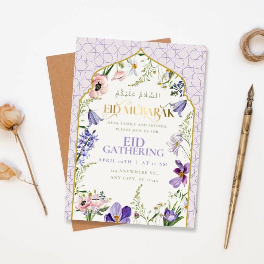 Paarse Lila Floral Eid Invitation Kaart