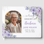 Paarse Lila Floral Gold Memorial begrafenisfoto Gastenboek (Voorkant)