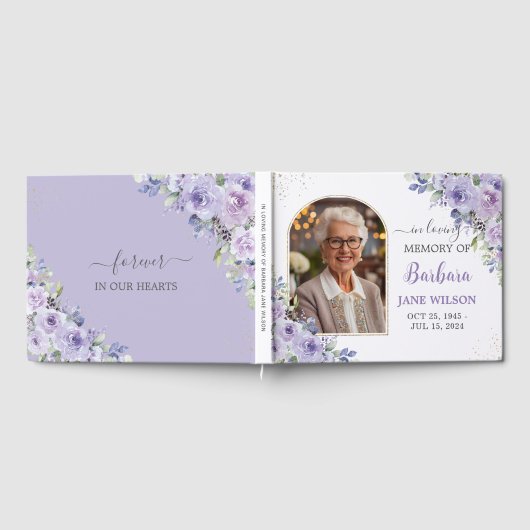 Paarse Lila Floral Gold Memorial begrafenisfoto Gastenboek (Volledig)