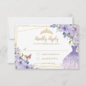 Paarse Lila Floral Gold Quinceañera Dress Gown RSVP Kaartje (Voorkant)