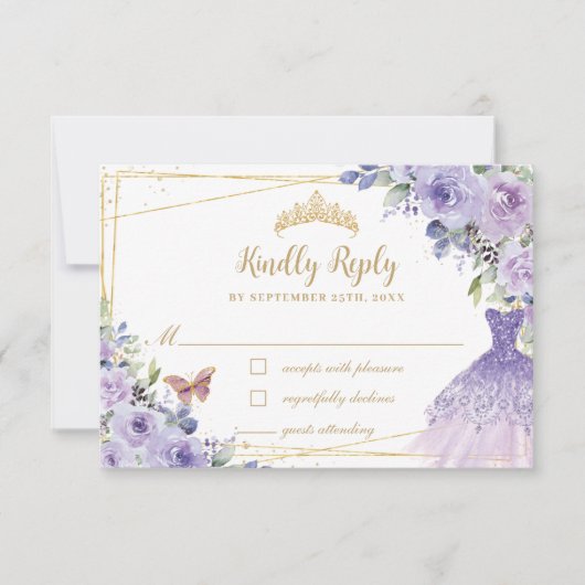 Paarse Lila Floral Gold Quinceañera Dress Gown RSVP Kaartje (Voorkant)